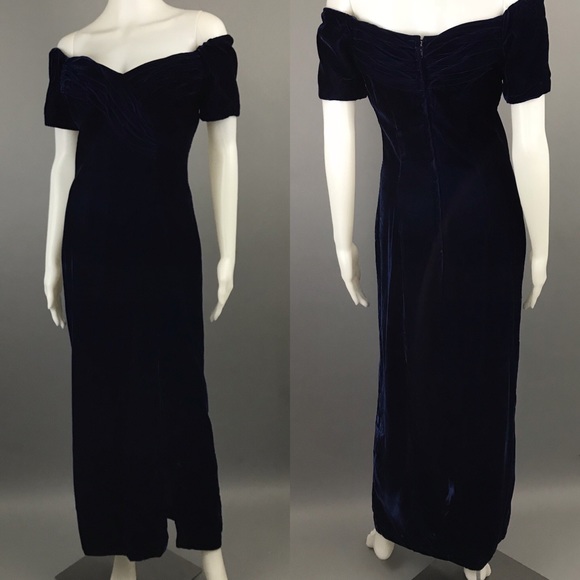 Vintage Dresses & Skirts - Vintage 80s Velvet Dress Blue Off Shoulder Formal